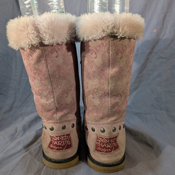 Ed Hardy Geisha Kiss of Death Pink Suede Faux Fur Lined Boots Women's US 6 - Picture 7 of 10